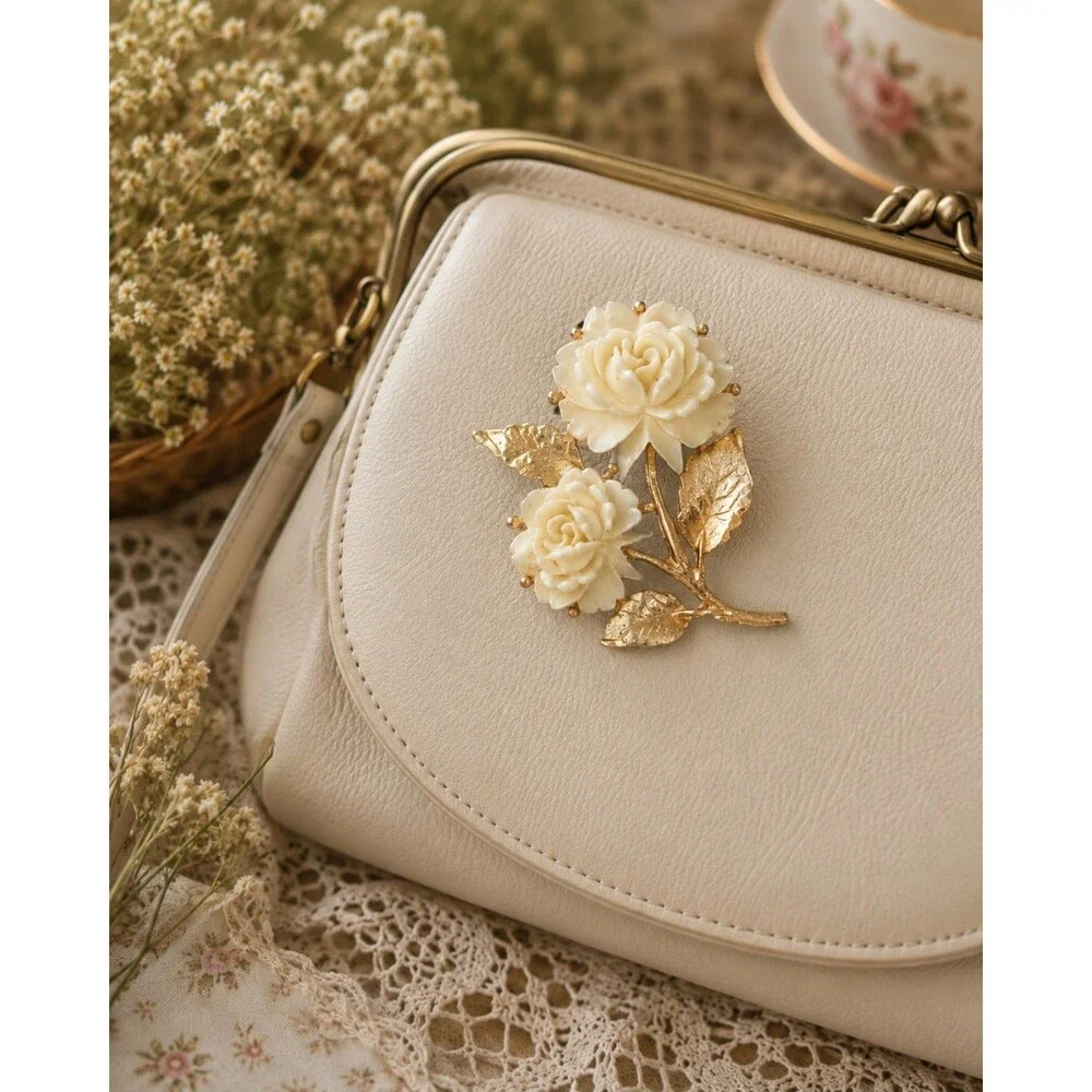 Vintage Style Ivory Rose Brooch, Gold Tone Floral Pin, Cottagecore Jewelry